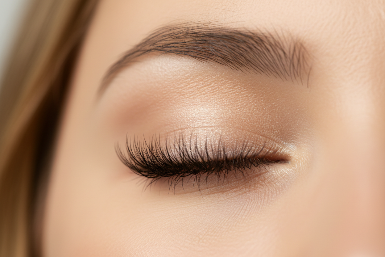 Close-up of wispy classic lash extensions on one eye